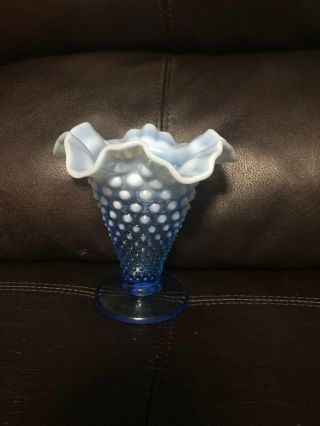 Vintage Fenton Blue Opalescent Hobnail Footed Vase Crimped Ruffled 5 - 1/2 " Tall