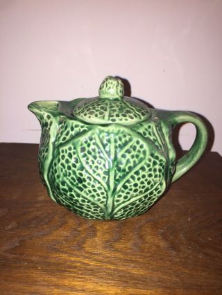 Vintage American Bisque Green Cabbage Ware Tea Pot 6.  5”