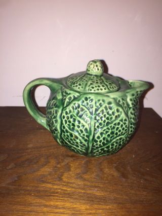 Vintage American Bisque Green Cabbage Ware Tea Pot 6.  5” 3