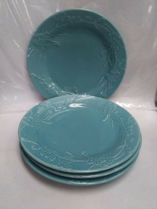 Set Of 4 Gibson Home Floral Embossed Teal Dinner Plates 10 5/8 "