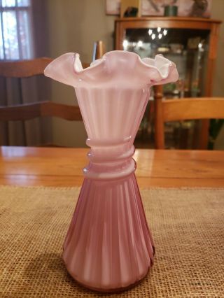 Fenton Ruffled Edge Wheat Vase With Dusty Rose/pink Overlay Vintage