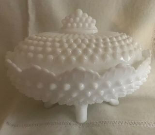 Vintage Fenton Milk Glass Hobnail Footed Covered Dish Oval
