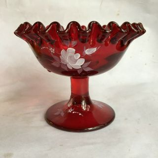 Vtg Fenton Ruby Red Crimped Compote Hand Painted Donna R White Roses 4 " Glass