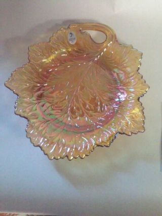 Fenton Art Glass Marigold Carnival Glass Low Bowl With Handle " Tree Of Life " Mib