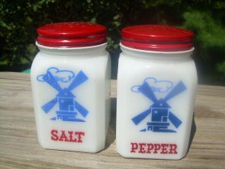 Vintage Hazel Atlas Milk Glass Windmill Salt Pepper Shakers W/red Lids
