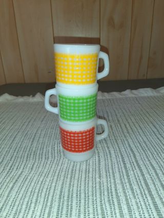 Fire King Checkered Yellow/red/green Gingham Plaid Milk Glass Stackable Mugs