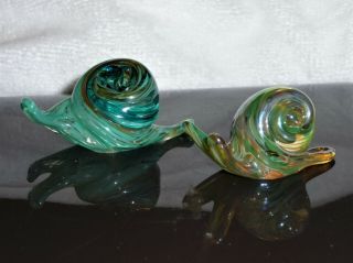 Vintage Murano Style Glass Snail Figurines Green Multi Color Swirl - Set Of 2