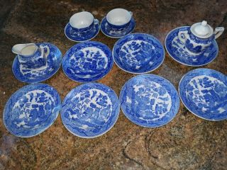 Antique Set15 Blue Willow Tea Cups,  Saucer,  Plates,  Sugar Holder,  Creamjapan Rare
