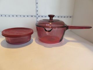 Vintage Pyrex Visions Cranberry 1 Liter Pot And Corning Bowl With Lid