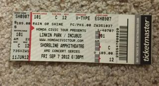 Linkin Park / Incubus Concert Ticket Stub 9/7/2012 Shoreline Amphitheatre