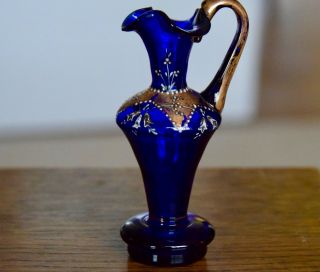 Antique Venetian Cobalt Blue Glass Miniature Flask With Enamel And Gilding