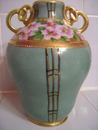 Nippon Vase Teal W/pink Green Floral/gold Beading & Handles/ 6 " Blue M In Wreath