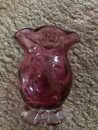 Vintage Pilgrim Glass Cranberry 4 " Petal Footed Bud Vase Scalloped Rim