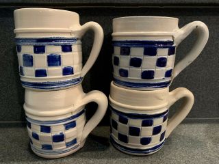 Set Of 4 Williamsburg Va Cobalt Blue Checker Salt Glaze Pottery Stoneware Mugs