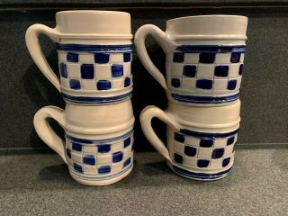 Set of 4 Williamsburg VA Cobalt Blue Checker Salt Glaze Pottery Stoneware Mugs 3