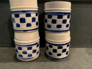 Set of 4 Williamsburg VA Cobalt Blue Checker Salt Glaze Pottery Stoneware Mugs 4