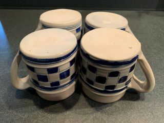 Set of 4 Williamsburg VA Cobalt Blue Checker Salt Glaze Pottery Stoneware Mugs 8