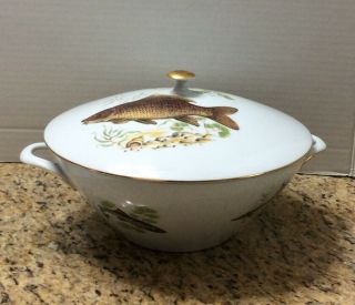 Vintage Bavarian Fish Themed Porcelain Serving Bowl With Lid