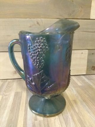 Vintage Carnival Glass Pitcher Blue Grapes Leaves Irridescent Indiana 2