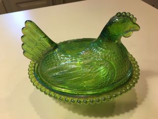 Indiana Green Carnival Glass Hen On Nest Iridescent Nesting Chicken Beaded