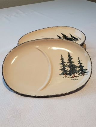 Home & Garden Party Northwoods Stoneware,  Set Of 4 Oval Snack Plates With Trees