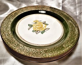 Homer Laughlin,  Lady Greenbriar,  10 " Dinner Plates,  22k Gold Trim,  Yellow Rose