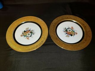 Superior Bavaria China Set Of 2 Plates 22 Carat Gold Rim; Black Band; Floral Ctr