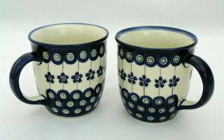 Boleslawiec Polish Pottery Mugs - Cobalt Blue Flower Peacock -