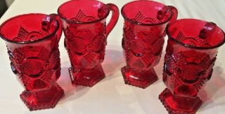 Vtg Set Of 4 Cherry Red Pressed Glass Irish Coffee? Footed Mugs Indiana Glass?