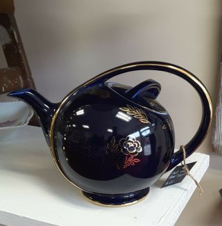 Vintage Hall 6 Cup Teapot 0443 Air Flow Cobalt Blue W/ Gold Trim Great Cond