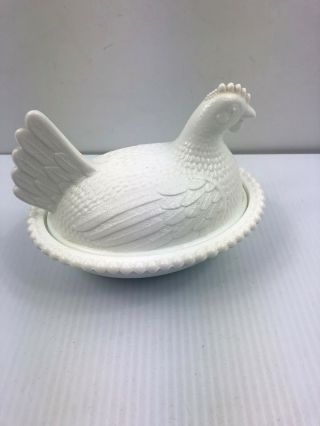Vintage Milk Glass Hen Chicken Rooster On Nest Indiana Glass Covered Candy Dish