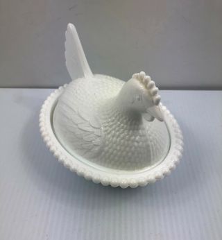 Vintage Milk Glass Hen Chicken Rooster On Nest Indiana Glass Covered Candy Dish 2