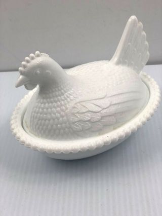 Vintage Milk Glass Hen Chicken Rooster On Nest Indiana Glass Covered Candy Dish 3