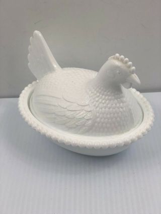 Vintage Milk Glass Hen Chicken Rooster On Nest Indiana Glass Covered Candy Dish 4