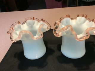 Vtg Pair Fenton White Milk Glass 3.  5 - 4.  5” Vases - Pink Ruffled Ribbon,  One Owner