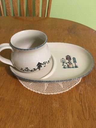 Home & Garden Party Stoneware Soup Mug And Snack Plate/tray Birdhouse Pattern