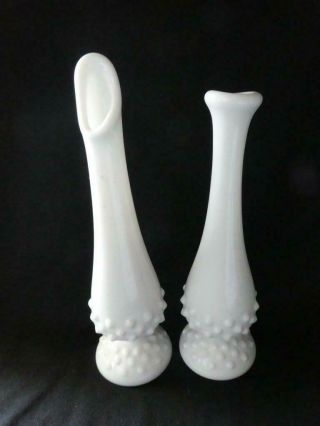 2 Vintage White Milk Glass Hobnail Bud Swung Vases