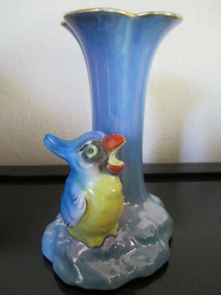 Noritake Vintage Art Deco 5 " Parrot Bud Vase,  Blue Luster,  Figural Yellow Bird