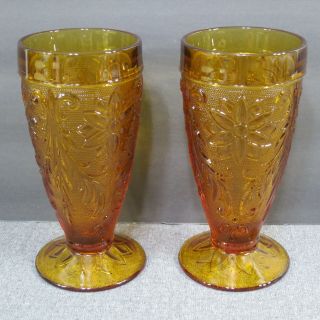 Set Of 2 Vintage Tiara Indiana Sandwich Glass Amber Footed Iced Tea Glasses