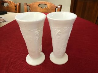 Vintage Two Indiana White Milk Glass Harvest Colony Grape Vases