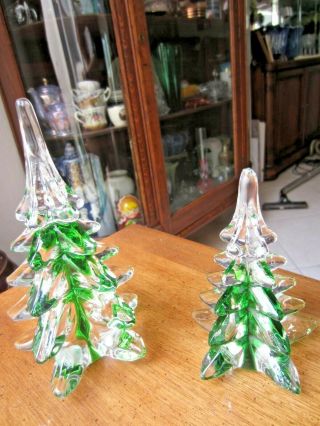 Art Glass Christmas Trees,  2 Clear Glass W/green Ribbons Inside,  Very Pretty Set