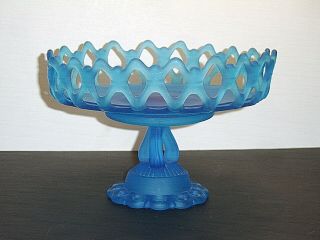 Westmoreland Blue Satin Frosted Glass Doric Lace Edge DO - 18 Pedestal Compote 2
