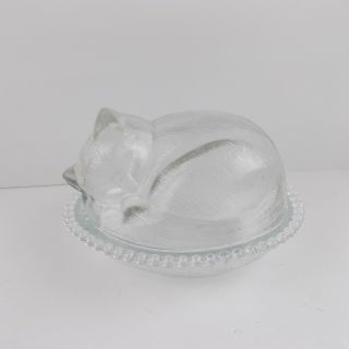 Large Vintage Clear Indiana Glass Cat Kitty On Nest Covered Trinket / Candy Dish