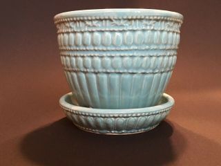 Vintage Mccoy Aqua Beaded Flower Pot Planter With Attached Saucer 4 1/4 " Tall