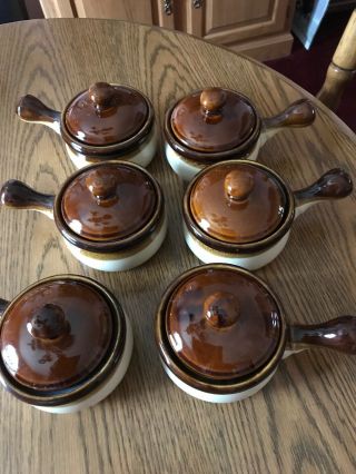 Set Of 6 Oven Proof Onion Soup Crock - Handle With Lid - Brown Drip Glaze Taiwan