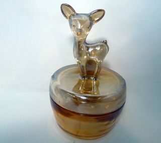 Mid Century Jeannette Carnival Glass Peach Luster Deer Fawn Lidded Powder