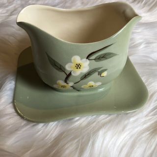 Weil Ware Malay Blossom Gravy Boat Celedon W/ Yellow Flowers Hand Painted 1940s