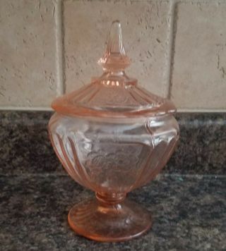 Vintage Pink Depression Glass Candy Dish/jar W/ Lid " Cabbage Rose "