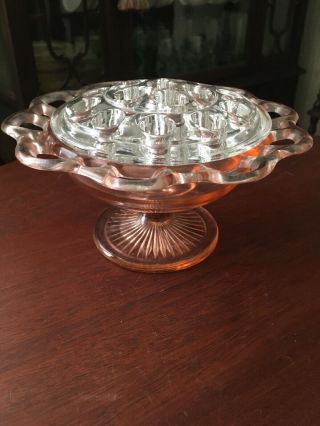Vintage Pink Lace Edge Compote Candy Nut Bowl 7 " With Glass Clear Flower Frog