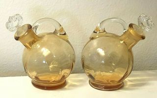 Vintage Mid Century Amber Color Hand Blown Glass Vinegar & Oil Cruet Set